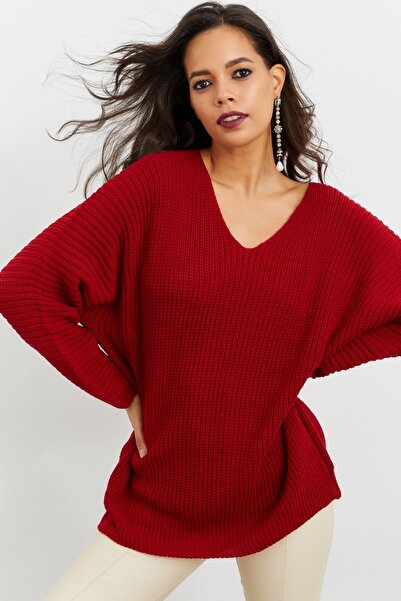 Cool & Sexy Γυναικείο Πλεκτό μπορντό με V λαιμόκοψη SMT158