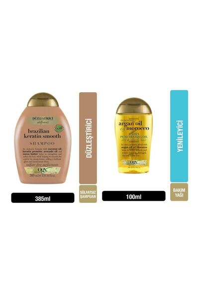 OGX Brazilian Keratin Smooth Şampuan 385 ml Yenileyici Argan Oil Of Morocco 100 ml