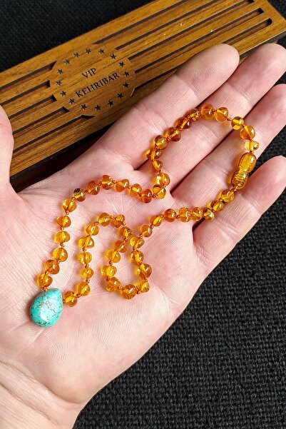 Vip Kehribar Sertifikalı Turkuaz Taşlı Bal Rengi Kehribar Kolye Kız Erkek Beb...