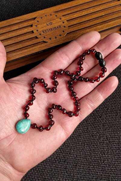 Vip Kehribar Sertifikalı Turkuaz Doğaltaşlı Vişne Rengi Kehribar Kolye Kız Er...