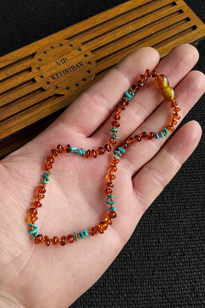 Vip Kehribar Turquoise Natural Stone Certified Amber Necklace for 0-3 Years Old Baby Girl and Boy - 32 cm