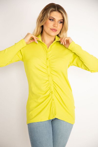 Şans Women's Large Size Green Front Buttoned Gather Detailed Lycra Blouse 65n34856