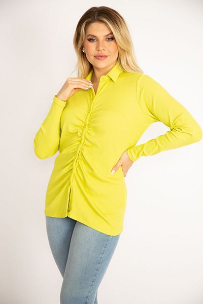 Şans Women's Large Size Green Front Buttoned Gather Detailed Lycra Blouse 65n34856