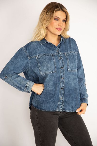 Şans Women's Large Size Blue Sleeve Adjustable Pocket Denim Shirt 65n34825
