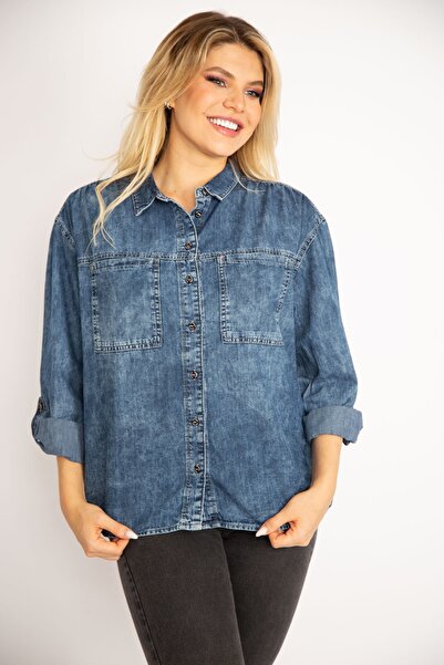 Şans Women's Large Size Blue Sleeve Adjustable Pocket Denim Shirt 65n34825