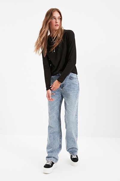 Trendyol Collection Černé 100% bavlna, dlouhý rukáv, výstřih, výstřih Regular/Normal Fit Basic Pletené tričko TWOAW21TS0098