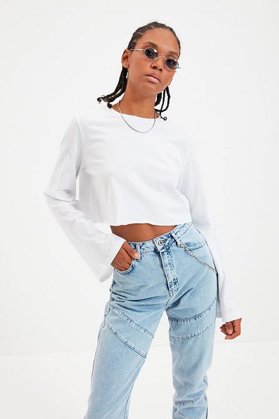 Trendyol Collection White Flare Sleeve 100% Cotton Crop T-Shirt - Crew Neck Twoaw22Ts0043