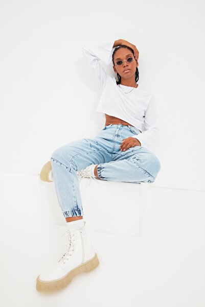 Trendyol Collection White Flare Sleeve 100% Cotton Crop T-Shirt - Crew Neck Twoaw22Ts0043