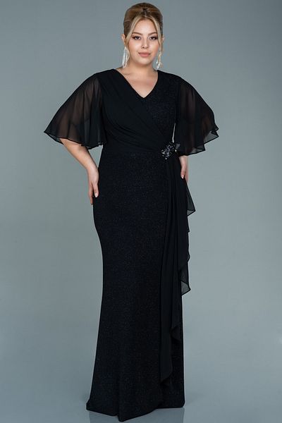 Abiyefon Black Long Plus Size Evening Dress with Flounced Skirt and Glitter - Abu2651