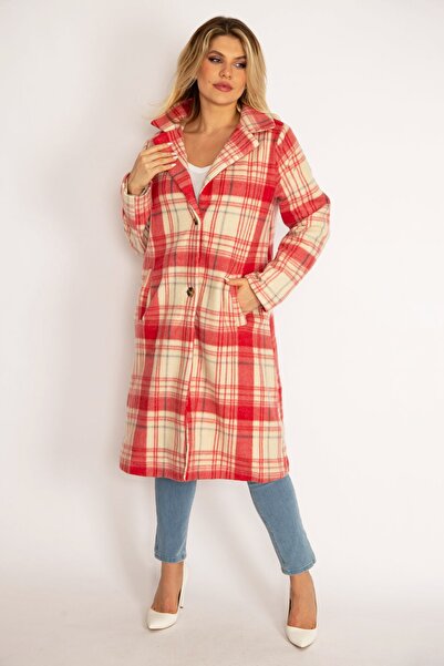 Şans Women's Large Size Colorful Plaid Patterned Front Button Lined Coat 65n34662