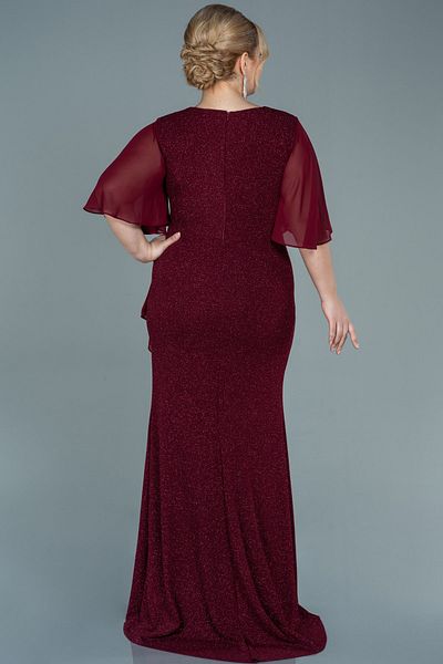 Abiyefon Burgundy Short Sleeve Skirt Flounced Glitter Long Plus Size Evening Dress Abu2651