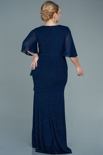Abiyefon Flounced Short Sleeve Navy Blue Glitter Long Plus Size Evening Dress - Abu2651