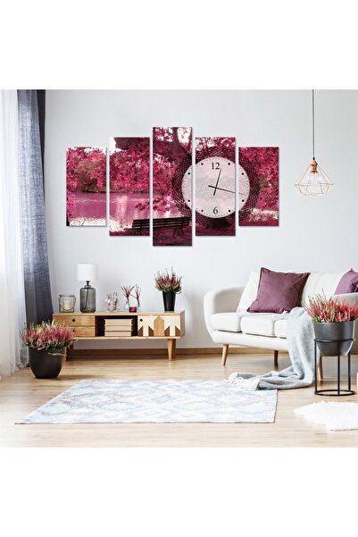TabloLife Pembe Sonbahar Saatli 5 Parçalı Kanvas Tablo 60 X 100