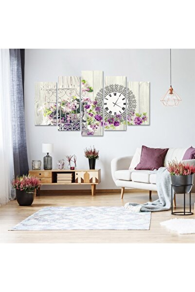TabloLife Mor Çiçekli Kafes Saatli 5 Parçalı Kanvas Tablo 60 X 100