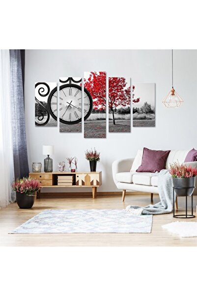 TabloLife Kızıl Ağaç Saatli 5 Parçalı Kanvas Tablo 60 X 100