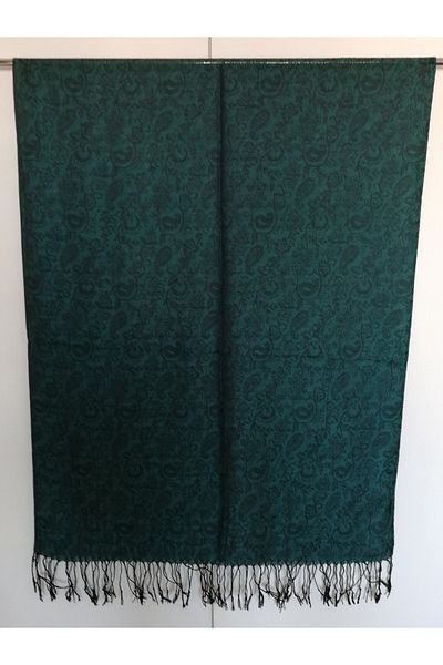 Butik Tülin Unisex Authentic Viscous Green Black Patterned Tassel Shawl