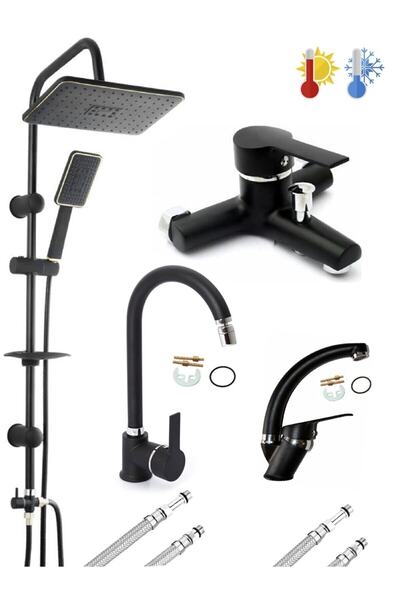 Fulcie Armatür Siyah Krom 4’lü Set Robot Duş Seti Banyo 360 Derece Hareketli ...