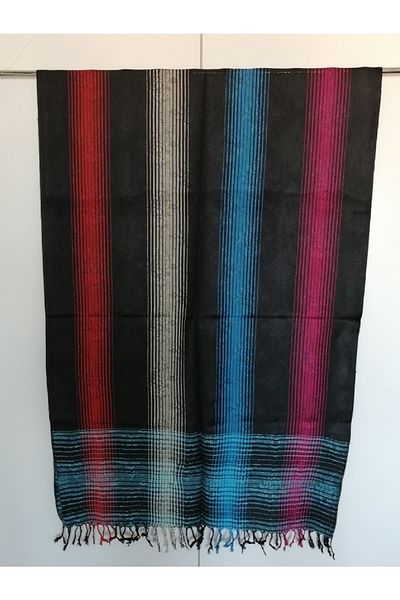 Butik Tülin Unisex Authentic Viscous Black Multi-Colored Striped Tasseled Wide Shawl 216x73 Cm Made in India