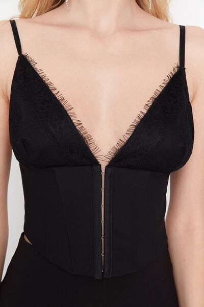 Trendyol Collection Tkaná krajka Bustier s agrafem - Black Crop, podšívka TPRAW23BS00045