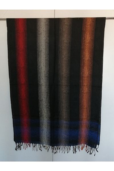 Butik Tülin Unisex Authentic Viscous Black Multi-Colored Striped Tasseled Wide Shawl 216x73 Cm Made in India