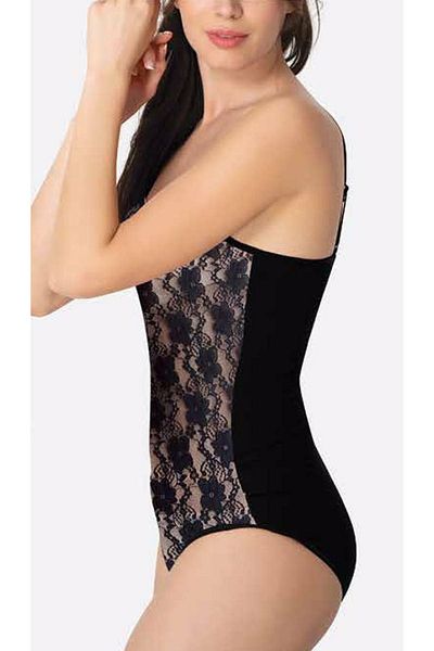 İmer Çamaşır Women's Black Modal Front Lez Lace Back Fabric Rope Strap Snap Body