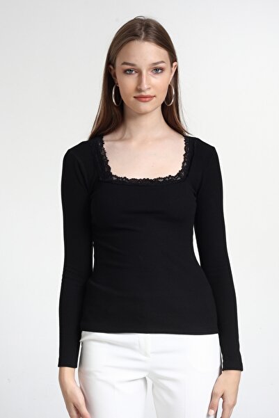 KİM Kİ O Kadın Siyah Renk Yakası Dantelli Uzun Kollu Kare Yaka Örme Bluz