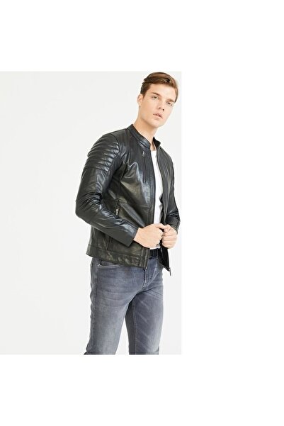 DERKA Erkek Siyah Piero Model Sıfır Yaka Deri Mont