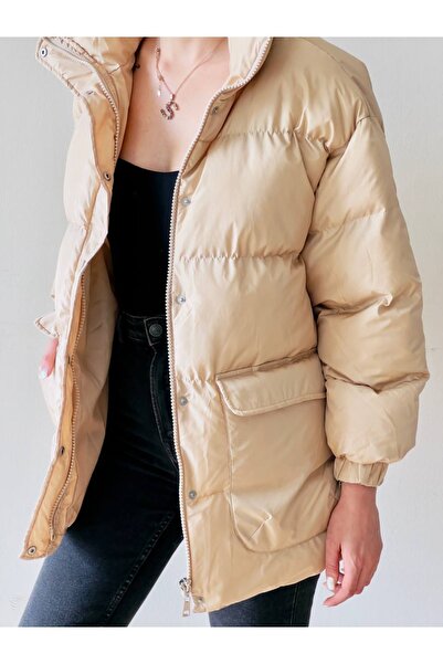 purple pi معطف منتفخ بيج كبير الحجم بجيب مزدوج للنساء