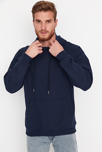 Trendyol Collection Tmavě modrá fleecová mikina s kapucí – oversize, teplá TMNAW23sw00344
