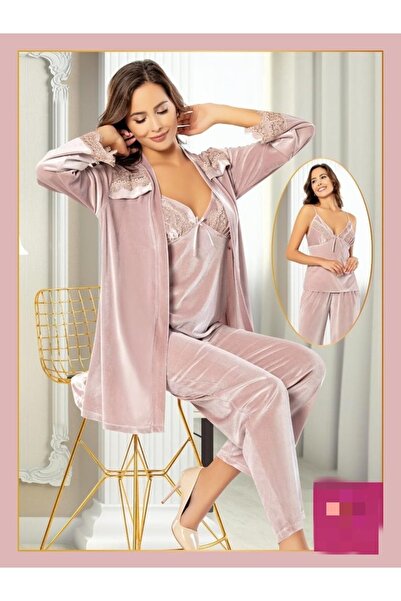 Ebrar Çeyiz Kadife Pudra Rengi 3lü Pijama Takımı