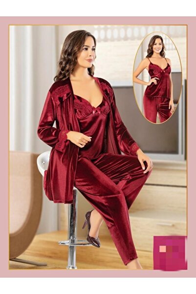 Ebrar Çeyiz Kadife Bordo 3lü Pijama Takım