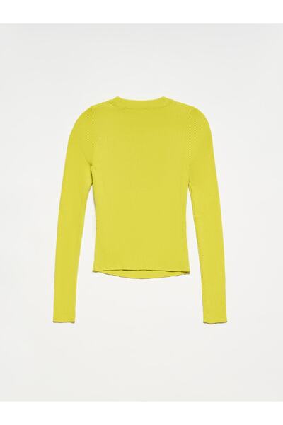 Dilvin 10285 Crew Neck Front Low-cut Sweater-lime
