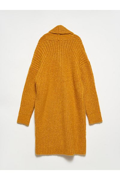 Dilvin Senffarbener Bademantelkragen mit Tasche und Strickcardigan