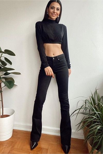Trn JNS Hot Women Pantaloni de denim cu picior evazat negru, blugi evazați cu talie înaltă Compresor