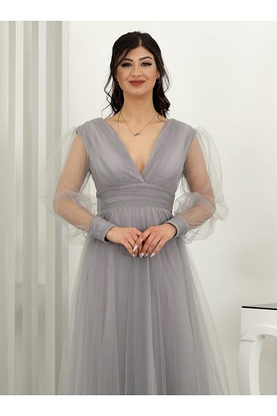 PİENNAR Βραδινό φόρεμα Zeren Tulle σε γκρι λαιμόκοψη