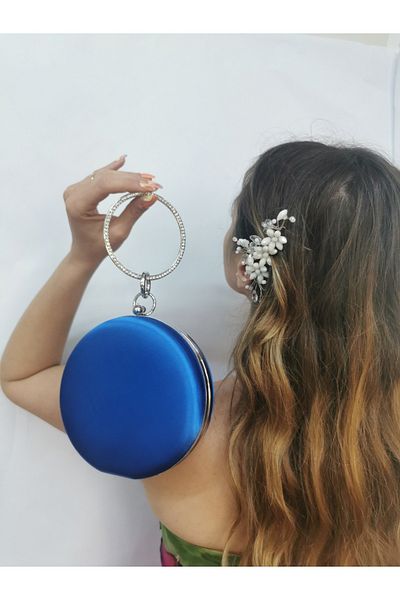NAZART Γυναικεία Satin Saks Μπλε στρογγυλό βραδινό φόρεμα Clutch Clutch Bag