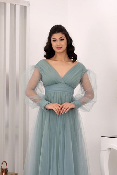 Surikka Βραδινό φόρεμα Zeren Tulle με λαιμόκοψη V Mint Green