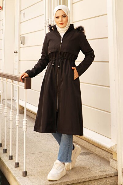 POLANGEL معطف حجاب بحزام نفق وأكمام مرصعة باللون الأسود