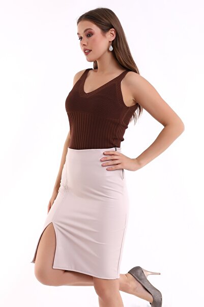 Winmoda34 Fusta creion din piele până la genunchi - cu fantă