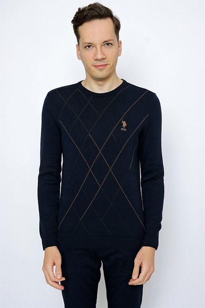 U.S. Polo Assn. Мъжки пуловер с кръгло деколте с ромбовиден мотив 1454983