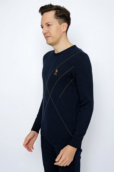 U.S. Polo Assn. Мъжки пуловер с кръгло деколте с ромбовиден мотив 1454983