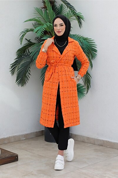 Bestenur Çizgi Detay Kemerli Tüvit Tesettür Kap 388 - Turuncu