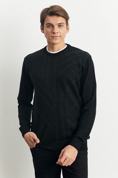 ALTINYILDIZ CLASSICS Schwarzer Herrenpullover in Standard-Passform, normaler Schnitt, Rundhalsausschnitt, modernes Muster, detaillierter Winterstrickpullover