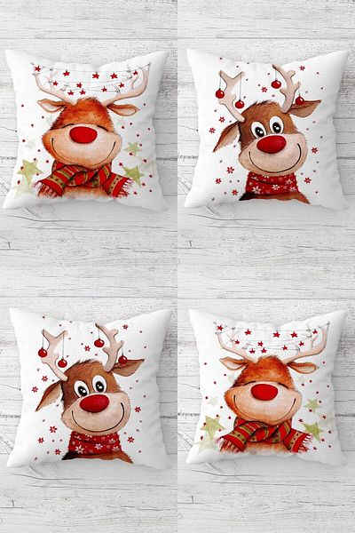 on the clouds Deer New Year Christmas Christmas Hidden Zippered Throw Pillow Case Seat Pillow Case Set (4pcs)