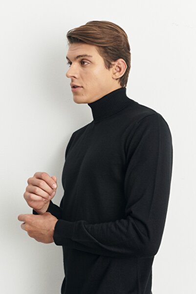 ALTINYILDIZ CLASSICS Pulover pentru bărbați, negru, cu croială standard, cu croială obișnuită, cu gât complet din lână