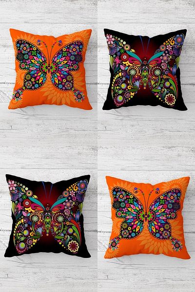 on the clouds Orange Butterfly Patterned - Hidden Zippered Throw Pillow Cover Set (4pcs)