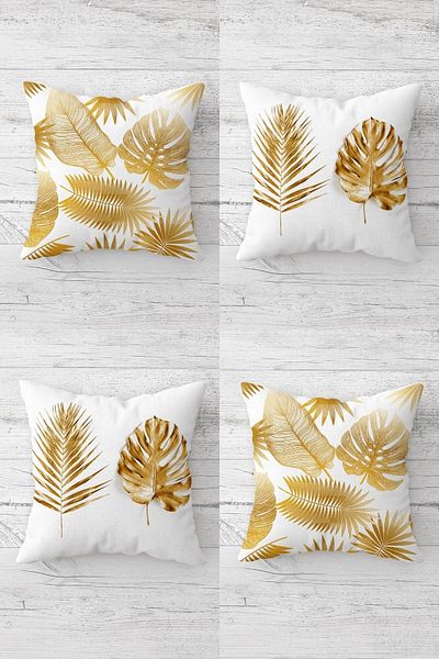 Pelangi Gold Feather and Leaf Patterned Hidden Zippered Throw Pillow Cover Sofa Pillow Cover Set (4pcs)