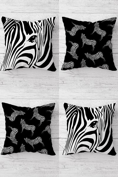 Pelangi Zebra and Zebra Striped Combination - Hidden Zippered Throw Pillow Cover Set (4Pcs)