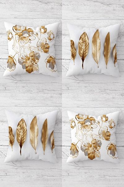 linazaitun Gold Flower and Feather Patterned Hidden Zippered Throw Pillow Cover Sofa Pillow Cover Set (4pcs)
