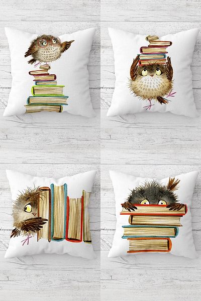 linazaitun Owl And Books Patterned Hidden Zippered Throw Pillow Cover Sofa Pillow Cover Set (4pcs)